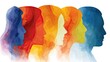 © Nami Liu - Watercolor gradient multicolor overlapping human profile silhouettes on plain white background, diverse inclusive equality team conceptual illustration asset