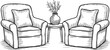 © Ripa_Moni - A hand-drawn of two comfortable armchairs with pillows and a small table with a vase in the center