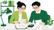 © cornelia - Clean flat vector illustration on a light background showing two coworkers reviewing financial documents and using a calculator, ideal for accounting, tax, or office teamwork marketing.