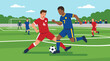 © mehroz - Clean flat vector illustration on a light background shows two soccer players challenging for the ball during a match, ideal for sports ads, event flyers, or team promotions.