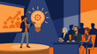 © Khalid - Clean flat vector illustration of a business presenter pitching an innovation idea to a seated panel, suitable for training, startup, or strategy content.