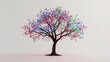 © mian - Glowing neon tree with vibrant shimmering leaves in minimalist white background surreal art