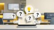 © Ahmed - Customer support brainstorming concept showing laptop with floating question marks and glowing lightbulb representing online problem solving solutions