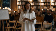 © forenna - Niche market founder presenting to a small but intensely engaged audience in a rented bookshop after hours, a hand-illustrated market map on an easel beside her, folding chairs