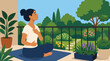 © MostMoriom - Woman practicing deep breathing exercises on a balcony while overlooking a serene garden below, perfect for mindfulness apps, wellness brands, or mental health awareness campaigns in a clean flat vect