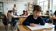 © DailyLens Studio - A bored elementary student sitting at a desk looking unmotivated and sad.