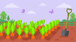 © CANVAUX - Cartoon illustration of a vibrant carrot field with a shovel and butterflies