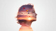 © D STOCK - Double Exposure Youth Silhouette with Sunset and Flying Kites Illustration