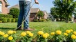 © MdNazim - Person watering yellow flowers in a suburban lawn hose