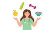 © Zahra - Female nurse with stethoscope juggling healthy icons like apple dumbbell water bottle and cereal bowl, symbolizing wellness coaching, illustrating nutritional and fitness guidance