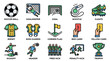 © Wondreamer - An array of colorful icons illustrates various elements and actions associated with the sport of soccer, including a ball, goal, goalkeeper, jersey, and cards.