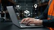 © Illustration - Logistics worker in safety vest typing on laptop to manage automated shipping and delivery tracking in a warehouse, supply chain Technology modern technology business concept