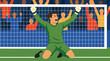 © Uzzal - Clean flat vector illustration on a light background showing a soccer goalkeeper celebrating a save before cheering fans, ideal for sports promos and match posters.