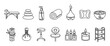 © Vladislav - Set of black line art icons for spa and massage therapy including a table, hot stones, oil, towel, diffuser, candle, and bamboo for wellness and relaxation concepts