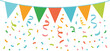 © MdAbdur - Colorful party bunting flag garland with falling confetti and streamers vector illustration isolated on white background decoration