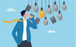 © Hanufa - Challenge to pick or choose right opportunity, discover winner idea or invention thinking, select success solution choice concept, smart businessman books thinking choosing winner lightbulb idea