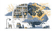 © Realm - Mind's Architectural Marvel: A stylized human head split into two halves, showcasing an organized library on one side and a chaotic network of wires and clouds on the other.