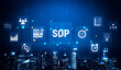 © InfiniteFlow - Digital Concept of Standard Operating Procedures in Business Management with Modern Icons and City Skyline Background for Professional Use. Glyphic.