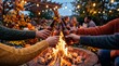 © tangmo.pa - Friends clinking beer bottles over a warm backyard bonfire during autumn.