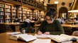 © gabriel - Young woman studying in a library with books and notes on a wooden table