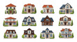 © SPECTRUM HIVE - Set of twelve diverse residential architectural icons including modern suburban houses, Mediterranean villas, European cottages, and mountain chalets isolated on a white background.