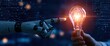 © oksa_studio - Robot hand touching a light bulb with human hand for ai innovation and technology