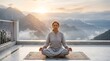 © Berta - Serene woman meditating on a balcony overlooking misty mountains