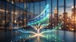 © Purwanto - Glowing digital bar chart and upward arrow emerging from a luminous geometric tree, symbolizing sustainable financial growth in a modern office.