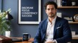 © Syafiq Rahman - Confident professional man in sharp navy suit with crisp white shirt, seated at a wooden desk in a well-appointed home office, gazing directly at the viewer with a determined expression