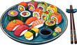 © EdGe Creative - Traditional Japanese Sushi Platter Vector Illustration featuring Assorted Nigiri, Maki Rolls, Chopsticks, and Soy Sauce for Asian Cuisine Restaurant Menu Designs