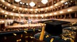 © Miles - Graduation cap with gold confetti in a blurred theater auditorium