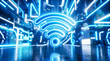 © Celt Studio - Futuristic glowing blue neon wireless internet connection symbol hovering over dark reflective floor inside advanced modern cyberspace data network technology environment