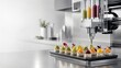 © Kristina - Robotic food printer decorating gourmet snacks on tray. Automated kitchen machinery preparing bite sized appetizers. Future of culinary industry and innovative food technology equipment.
