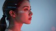© mihrzn - Profile of a woman with red and blue light overlays, representing digital connectivity and virtual reality. Soft focus background enhances the high-tech theme.