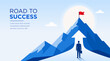 © StudioPixel2 - Success mountain business growth vector banner with upward arrow and businessman reaching the peak. Modern blue corporate presentation background for leadership, motivation, strategy, achievement