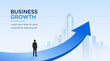 © StudioPixel2 - Business growth arrow success vector banner with businessman and upward trend for corporate presentation. Modern blue business background for strategy, leadership, finance, marketing