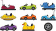 © Shefali - Amusement park bumper cars and go karts vector illustration set featuring classic fairground rides sports cars elephant duck shape vehicles and wheel.