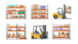 © AI PIC - Yellow Forklifts Moving Boxes in a Warehouse with Tall Shelves Stockpiled with Goods