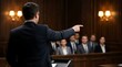 © Pixim Stock - Lawyer standing at podium pointing finger toward courtroom jury members during trial session while professional suit appearance creates authoritative atmosphere inside wood courtroom.