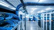 © Pixim Stock - Server room with organized blue network cables connecting rows of storage rack hardware within modern data center infrastructure providing connectivity for cloud computing systems equipment.