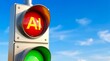 © Pixim Stock - Traffic light with red signal showing AI text and green signal below against blue sky, symbolizing artificial intelligence, decision making, control, and digital future.