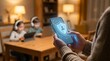 © Pixim Stock - Parent using smartphone with shield icon for child online safety, controlling kids internet access while they use tablet and laptop with headphones.