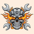 © RED BEIGE - Mechanical robot skull with gears and flames in eye sockets crossed with two industrial wrenches on light background for mechanic or automotive graphic design