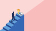 © MuhammadHaris - Isometric businessman climbing blue stairs to reach a gold trophy and laptop on a pink background, symbolizing career goals and digital success