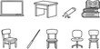 © Malik - Classroom Furniture Line Icon Set – Blackboard Desk Chair Books Pointer Vector Illustration, on white background.