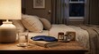 © Maryia - Evening bedside setup with water, sleep mask, book, and supplements shows sleep hygiene, preventive wellness, and calm nightly health routine in realistic bedroom.