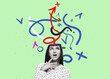 © Igor Link - Flat art - conceptual artwork of a fearful girl with colorful visual chaos above and in her head. Vertical poster with copy space.