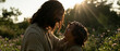 © Olga Ко - Jesus Christ warmly smiling and blessing a happy young boy in a beautiful sunlit garden, cinematic golden hour lighting, religious faith concept