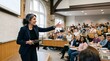 © Alva - A female professor actively teaching a diverse group of students in a university lecture hall, gesturing towards the class during a presentation.
