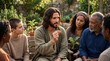 © Svitlana Vorotniak - Man dressed as Jesus teaching a group of diverse woman, man and child in a garden. Parable of sower concept with small seed. Biblical scene, religious education and faith.
